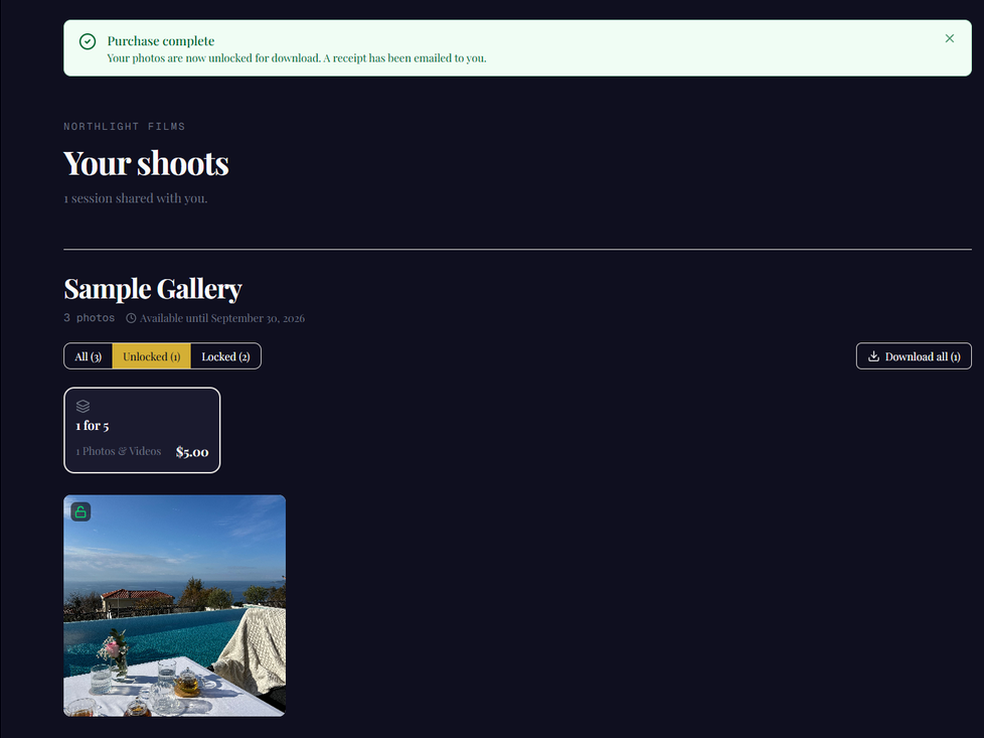 A client gallery after purchase: a purchase-complete confirmation with the photo unlocked for download and a receipt emailed